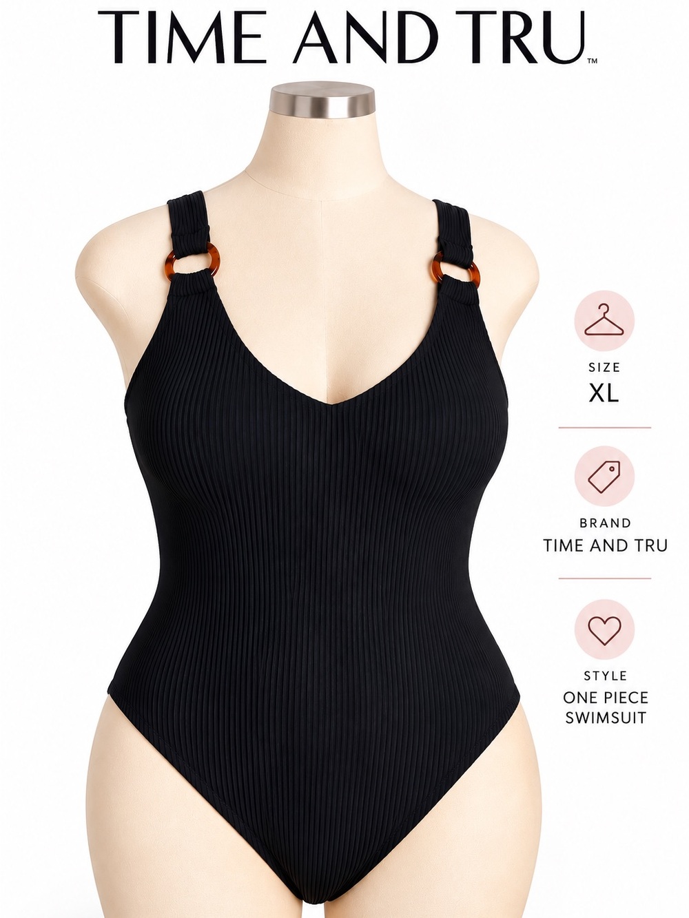 Time and Tru Women's Textured Ribbed O-Ring One Piece Swimsuit Black XL